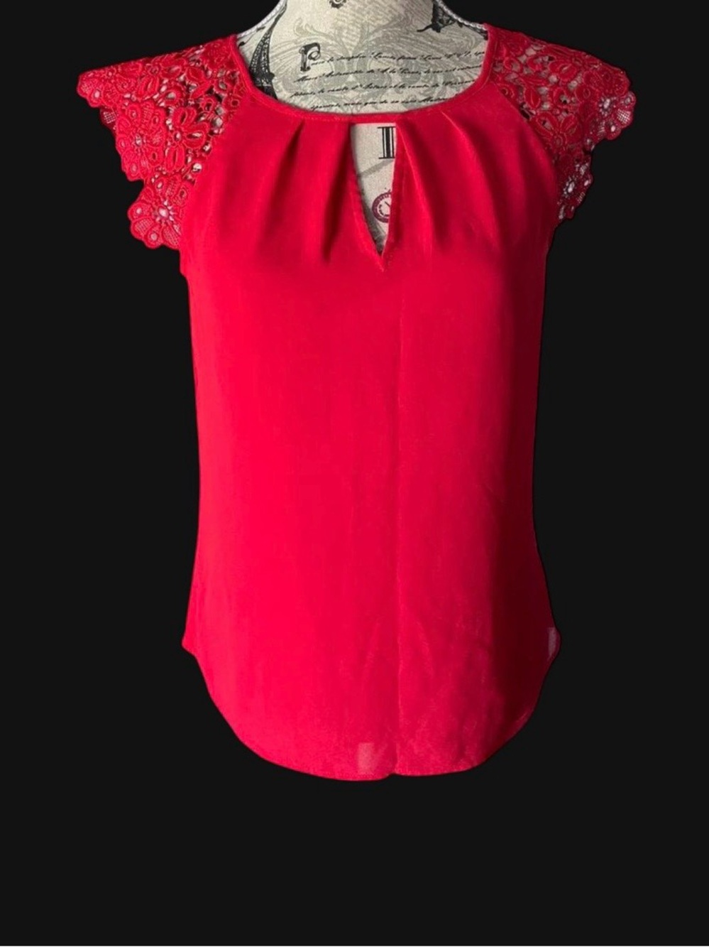Express Red Short Sleeve Keyhole Blouse Sheer Lace Shoulder Workwear